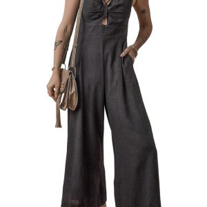 Women's Black Front Cut Out Smocked Back Sleeveless Wide Leg Jumpsuit