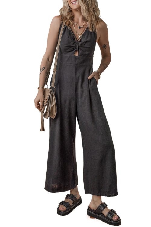 Women's Black Front Cut Out Smocked Back Sleeveless Wide Leg Jumpsuit
