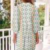Women's Green Geometric Floral Print 3/4 Sleeve Notched Neck Mini Dress - Image 2