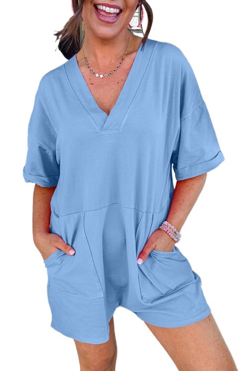 Women's Myosotis Blue Loose Half Sleeve V Neck Knit Romper with Pockets