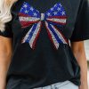 Women's Black Rhinestone Stars and Stripes Bow Graphic Tee for Independence Day - Image 6