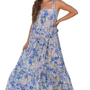 Women's Sky Blue Floral Print Maxi Dress with Self-Tie Straps and Ruffle Details