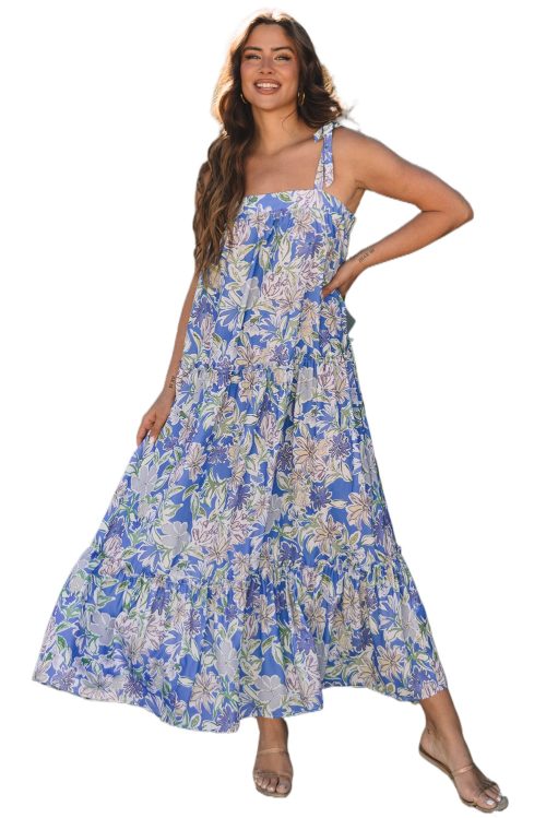 Women's Sky Blue Floral Print Maxi Dress with Self-Tie Straps and Ruffle Details