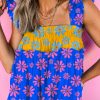 Women's Blue Floral Colorblock Flutter Straps Flowy Tank Top for Summer - Image 2