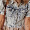 Women's Beau Blue Light Wash Puff Sleeve Denim Jacket with Buttoned Chest Pockets - Image 9