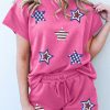 Girls' Strawberry Pink Solid Color Textured Sequined American Star Patched 2pcs Outfit - Image 5