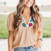Women's Pale Chestnut Crochet Floral V Neck Textured Short Sleeve Blouse - Image 3