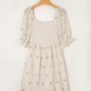 Women's Beige Embroidered Flower Smocked Bust A-Line Dress with Half Puff Sleeves - Image 7