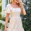 Women's Pink Floral Puff Sleeve Mini Dress with Square Neck and Open Back - Image 3