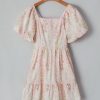 Women's Pink Floral Puff Sleeve Mini Dress with Square Neck and Open Back - Image 10