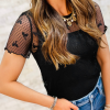 Women's Black Bow Knot Dotted See-Through Mesh Patched Slim Fit Blouse - Image 2