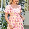 Women's Rose Vibrant Floral Square Neck Puff Sleeve Pleated Flared Midi Dress for Summer - Image 4