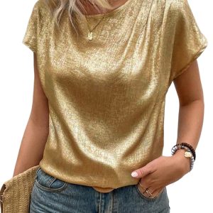 Elegant Gold Glossy Round Neck Blouse with Pleated Detail - Short Sleeve