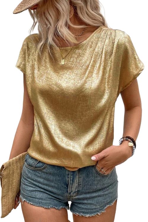 Elegant Gold Glossy Round Neck Blouse with Pleated Detail - Short Sleeve