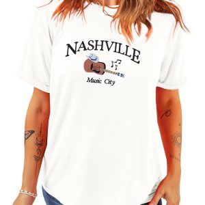 Women's White Nashville Music City Guitar Print Crewneck Tee