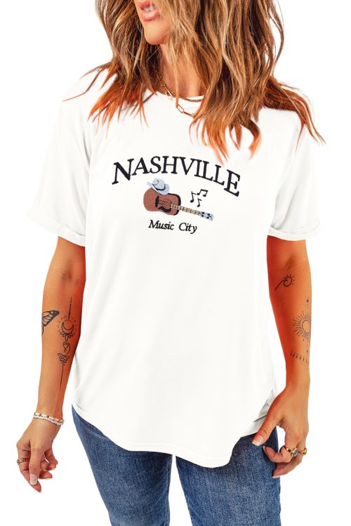 Women's White Nashville Music City Guitar Print Crewneck Tee