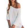 Women's Beige Textured Knit Short Sleeve Sweater - Versatile One Shoulder Style - Image 12