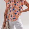 Charming Women's Orange Summer Flower Print Blouse with Ruffle Sleeves - Image 9