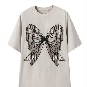 Women's Casual Oversized Big Bow Printed Drop Shoulder Tunic Tee in Laurel Green