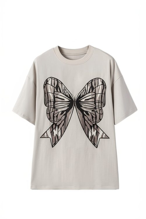 Women's Casual Oversized Big Bow Printed Drop Shoulder Tunic Tee in Laurel Green