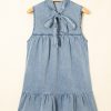 Women's Real Teal Bowknot Neck Sleeveless Ruffled Chambray Mini Dress - Image 5
