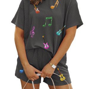 Women's Carbon Grey Twisted Rib Texture Guitar Music Note Patched 2-Piece Short Set
