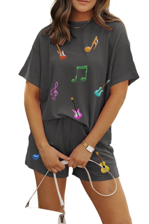 Women's Carbon Grey Twisted Rib Texture Guitar Music Note Patched 2-Piece Short Set