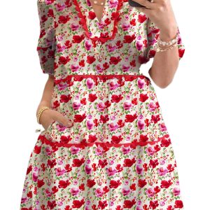 Elegant Red Floral Puff Sleeve Mini Dress with Pocket and Ric Rac Detail
