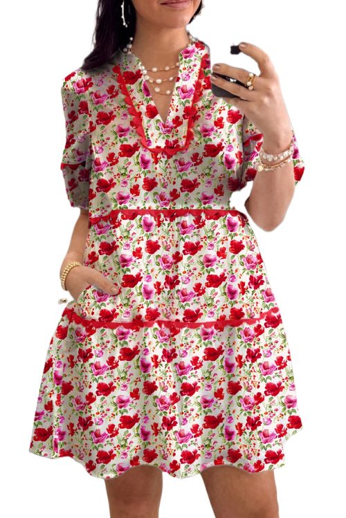 Elegant Red Floral Puff Sleeve Mini Dress with Pocket and Ric Rac Detail