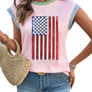 Women's Pink Colorblock Sequin American Flag Casual T-Shirt with Twisted Rib Texture
