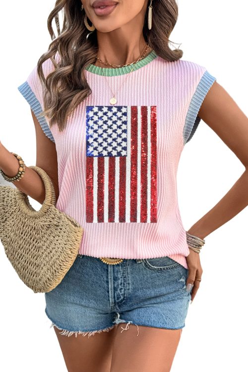 Women's Pink Colorblock Sequin American Flag Casual T-Shirt with Twisted Rib Texture