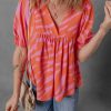Women's Orange Zebra Stripe Print Ruched Cuff Half Sleeve V Neck Blouse - Image 4
