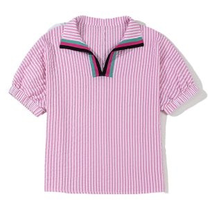 Women's Sachet Pink Striped Print Contrast Split Neck Dolman Sleeve Blouse