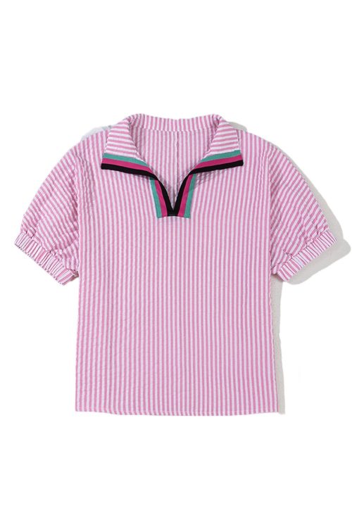 Women's Sachet Pink Striped Print Contrast Split Neck Dolman Sleeve Blouse
