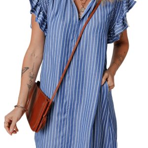 Women's Sky Blue Stripe Frilly Split Neck Shirred Ruffle Sleeve Mini Dress