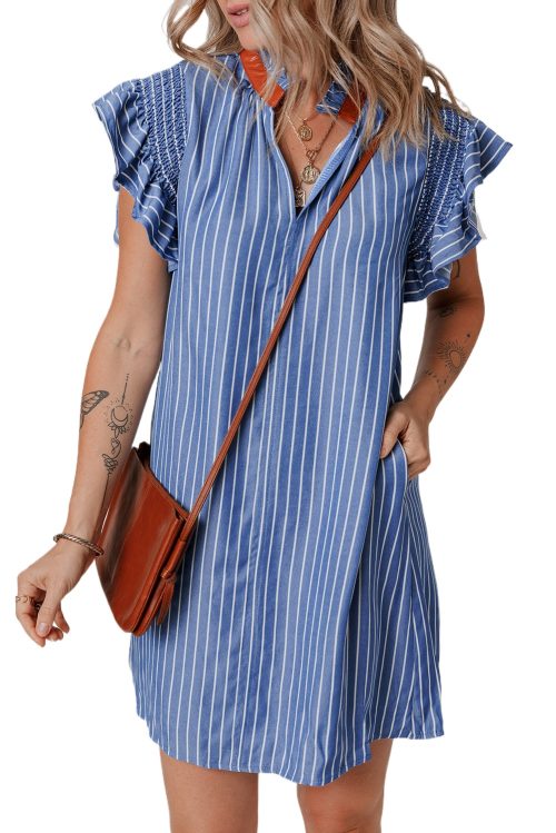 Women's Sky Blue Stripe Frilly Split Neck Shirred Ruffle Sleeve Mini Dress