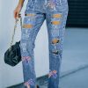 Women’s Light Blue Distressed Jeans with Sequin Bow and American Flag Pattern - Image 6