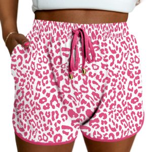 Trendy Women's Pink Leopard Print Casual Shorts with Elastic Waist and Lace-Up Detail