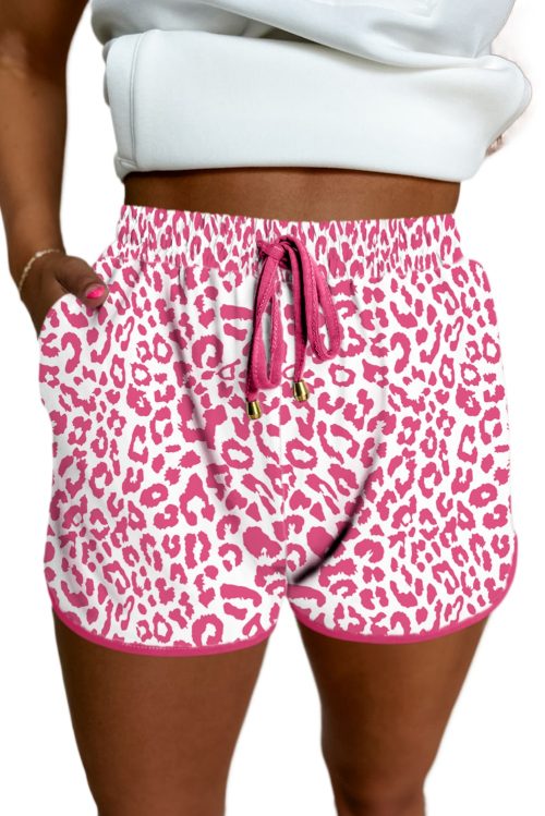 Trendy Women's Pink Leopard Print Casual Shorts with Elastic Waist and Lace-Up Detail