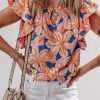 Charming Women's Orange Summer Flower Print Blouse with Ruffle Sleeves - Image 8