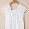Women's White Hollowed Lace Patchwork Square Neck Short Sleeve Blouse - Image 5