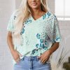 Women's Green Mixed Leopard Print V Neck Short Sleeve Blouse - Casual Summer Top - Image 7