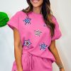 Girls' Strawberry Pink Solid Color Textured Sequined American Star Patched 2pcs Outfit - Image 6