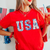 Women's Red Floral USA Graphic Cuffed Sleeve Crew Neck Tee - Image 6