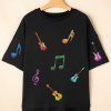 Women's Black Oversized Graphic Tee with Guitar Music Notes Patch - Image 9