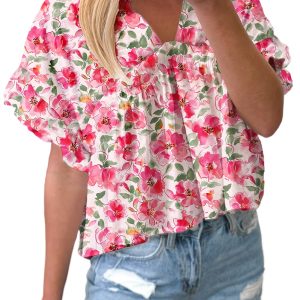 Women's Pink Floral Boxy Fit Ruffled Short Sleeve V Neck Blouse