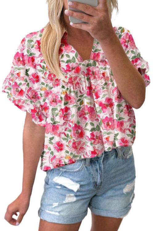 Women's Pink Floral Boxy Fit Ruffled Short Sleeve V Neck Blouse