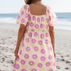 Women's Rose Vibrant Floral Square Neck Puff Sleeve Pleated Flared Midi Dress for Summer - Image 13