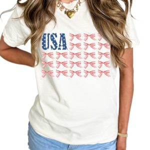 Women's White USA Flag Bow Knot Print Round Neck T-Shirt