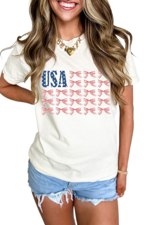 Women's White USA Flag Bow Knot Print Round Neck T-Shirt